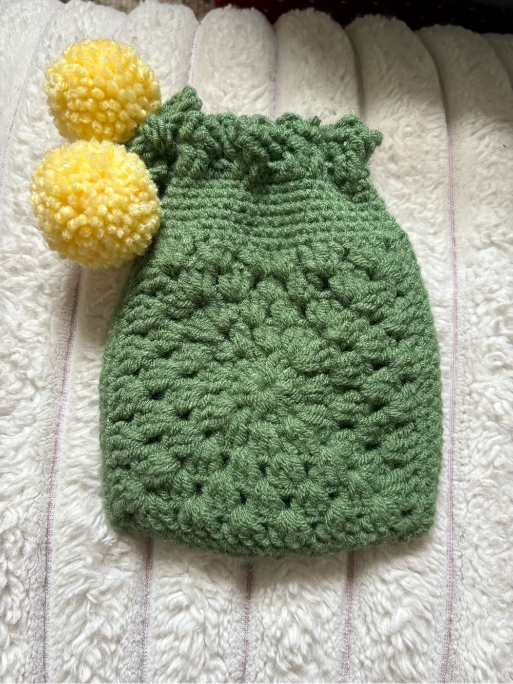 Handmade Green Kids Drawstring Beanie with Yellow Sunflower